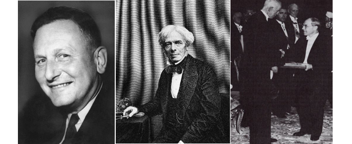 Othmar Zeidler (kiri), Michael Faraday (tengah), dan Herman Muller (kanan) yang sedang menerima penghargaan Nobel Prize.