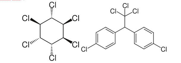 Struktur kimiawi benzene hexacloride (kiri) dan dichlorodiphenyltrichloroethane (kanan)